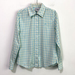 Lilly Pulitzer‎ Blouse 4 Button Front Plaid Long Sleeve Summer Blue Lime Plaid